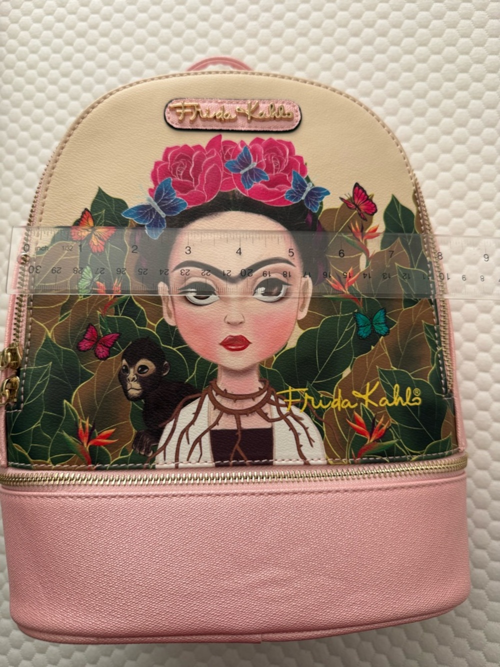 New Authentic Frida Kahlo cartoon Pink Floral Mini Faux leather Backpack w/tags - Picture 7 of 7
